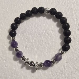 Hand Crafted Amethyst & Lava Bead Stretch Bracelet - Purple and Black